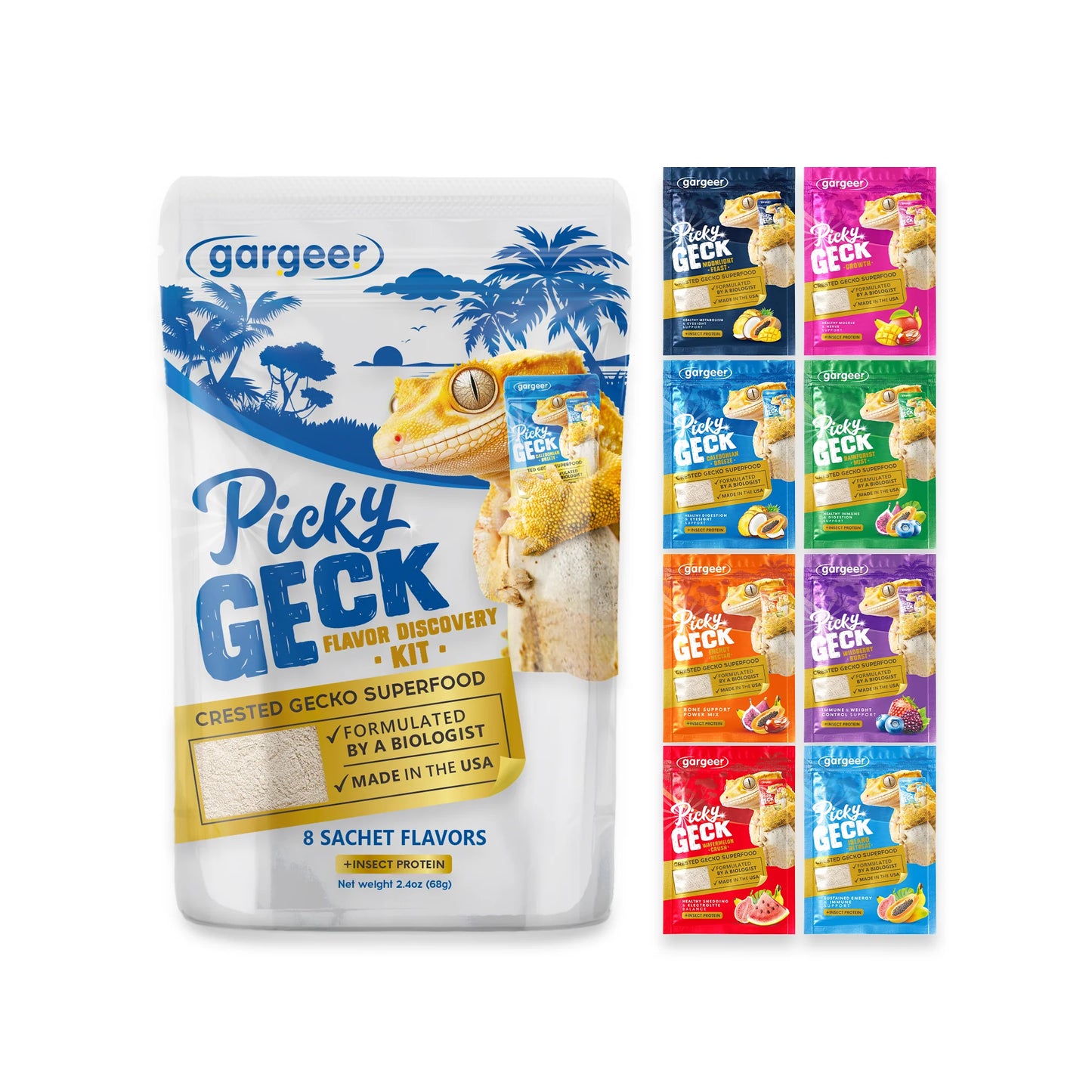 Gargeer 'Picky Geck' Discovery Kit | 8 Sachet Flavors to Test and Enjoy | Real Fruit & Insect Protein | No Fillers - Only Premium Ingredients | 2.4 oz | Made in USA.