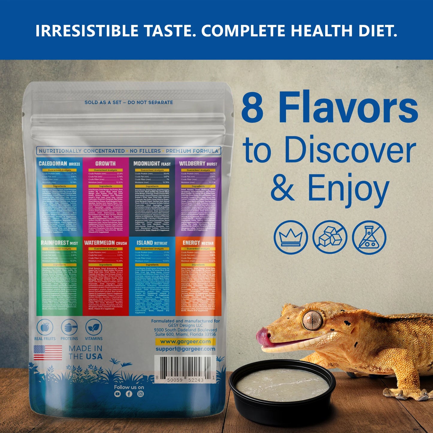Gargeer 'Picky Geck' Discovery Kit | 8 Sachet Flavors to Test and Enjoy | Real Fruit & Insect Protein | No Fillers - Only Premium Ingredients | 2.4 oz | Made in USA.